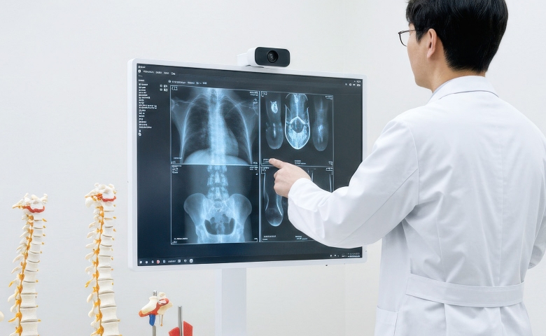 의사가 모니터의 X-ray 영상을 보며 환자 상태를 확인하는 모습